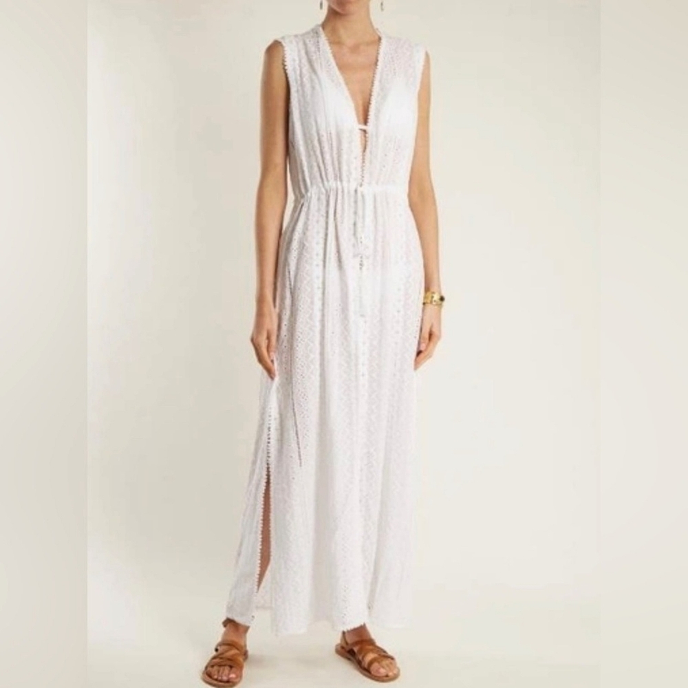 Melissa Odabash White Eyelet Maxi Kaftan Cover-Up Dress Size L Resort Boho Beach